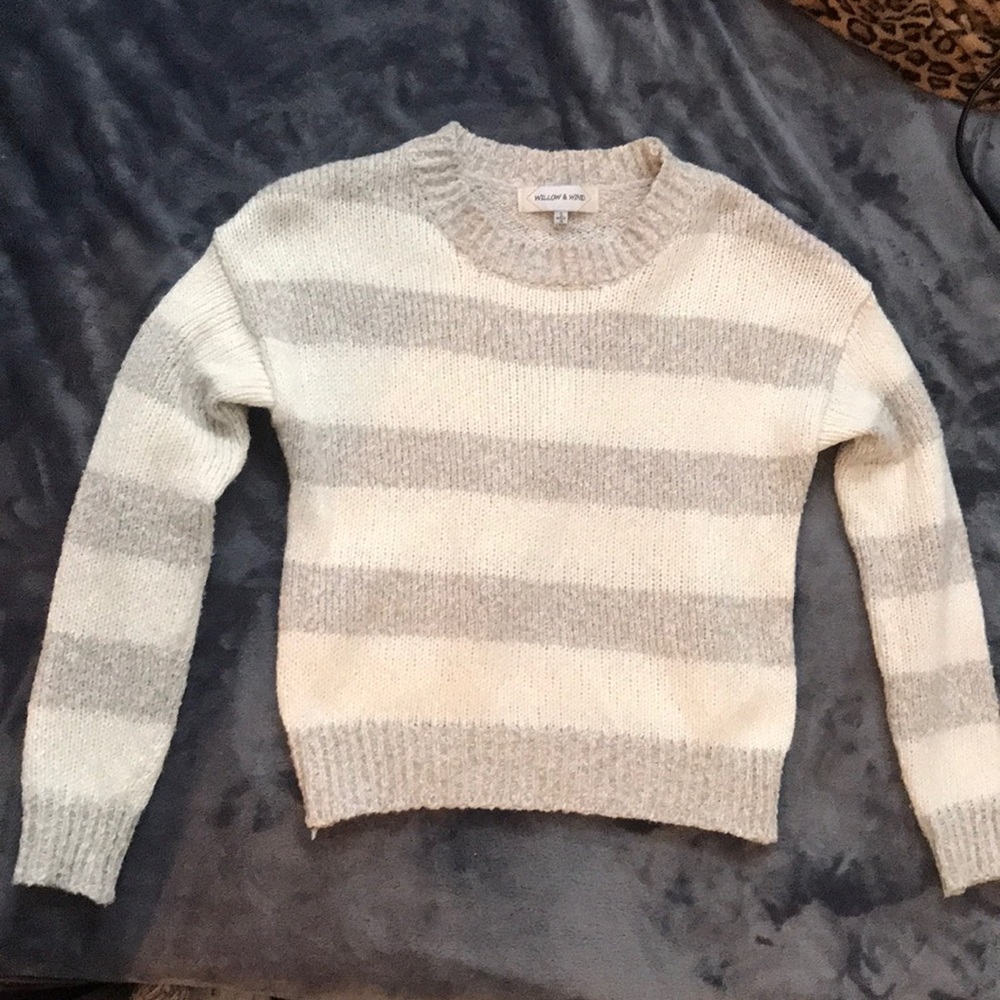 white and grey striped sweater